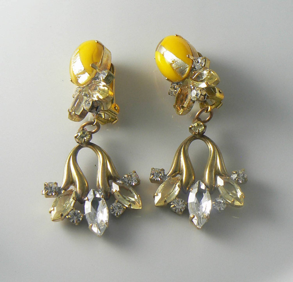 Czech yellow and silver cabochon marquise rhinestone Earrings - Vintage Lane Jewelry