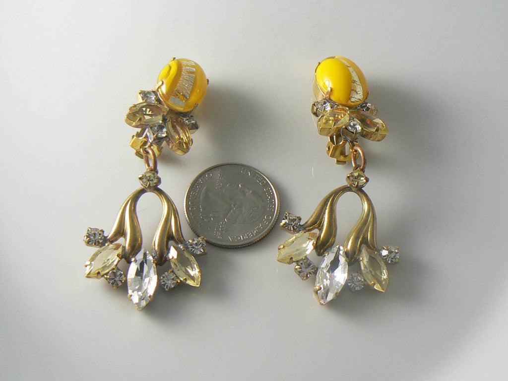 Czech yellow and silver cabochon marquise rhinestone Earrings - Vintage Lane Jewelry
