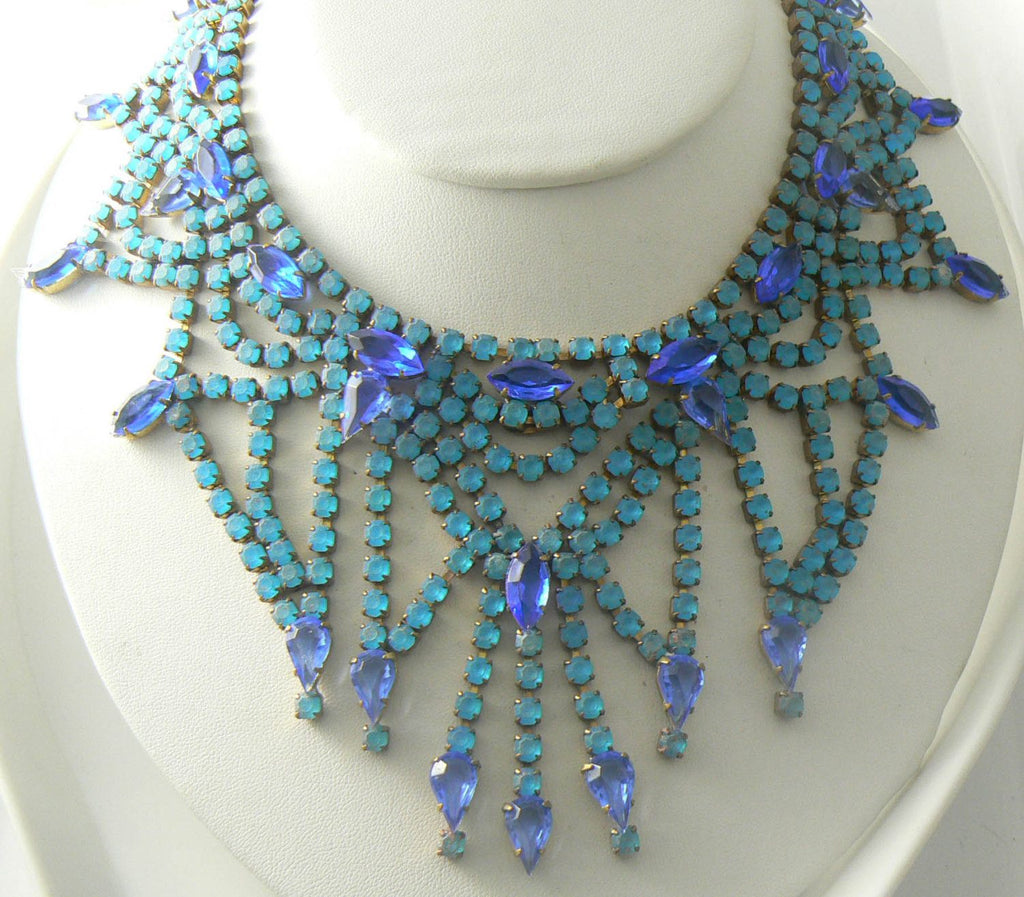 Amazing Bijoux M.g. Opaque Blue Czech Glass Rhinestone Necklace - Vintage Lane Jewelry