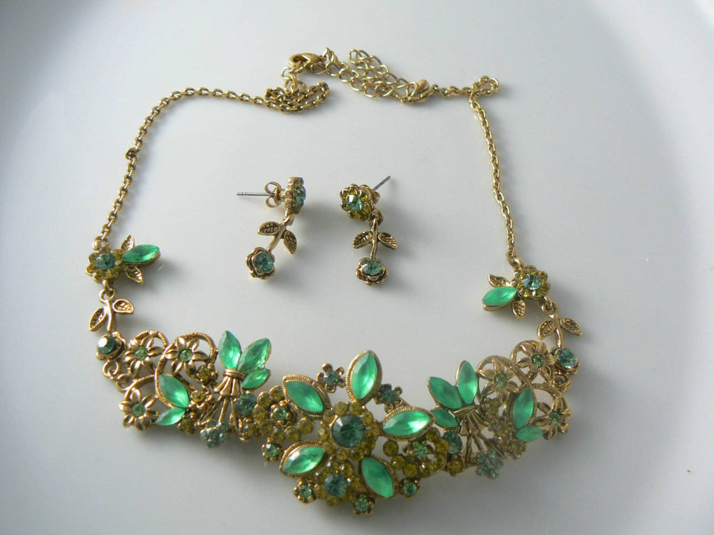 Lime Green And Emerald Green Floral Necklace And Earrings - Vintage Lane Jewelry
