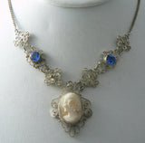 Beautiful old silver filigree carved shell cameo necklace - Vintage Lane Jewelry