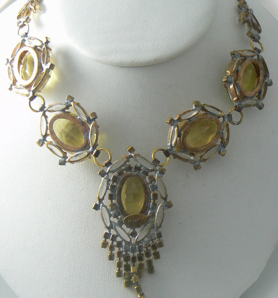 Yellow Gold, Purple And Clear Czech Glass Rhinestone Necklace - Vintage Lane Jewelry