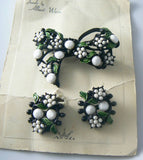 Weiss Japanned Green Enamel White Bead Flowers Pin Set - Vintage Lane Jewelry