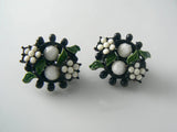 Weiss Japanned Green Enamel White Bead Flowers Pin Set - Vintage Lane Jewelry