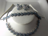 Beautiful Baby Blue Rhinestone Flowers Necklace Bracelet Earring Set - Vintage Lane Jewelry