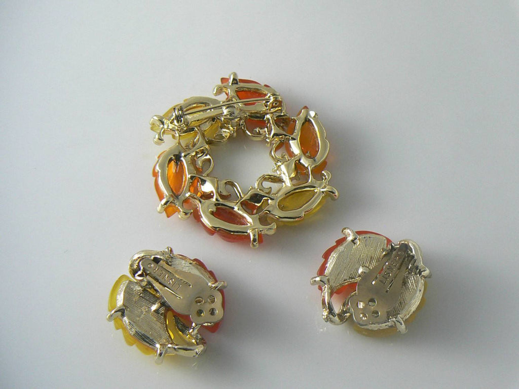Lisner Fire Red, Orange & Yellow Molded Leaves Demi - Vintage Lane Jewelry