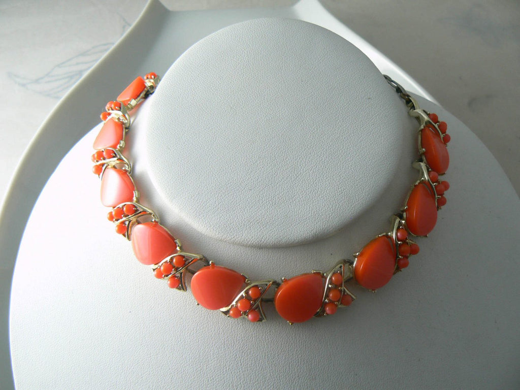 Vintage Orange/pink Thermoset Plastic Cabochon Necklace - Vintage Lane Jewelry
