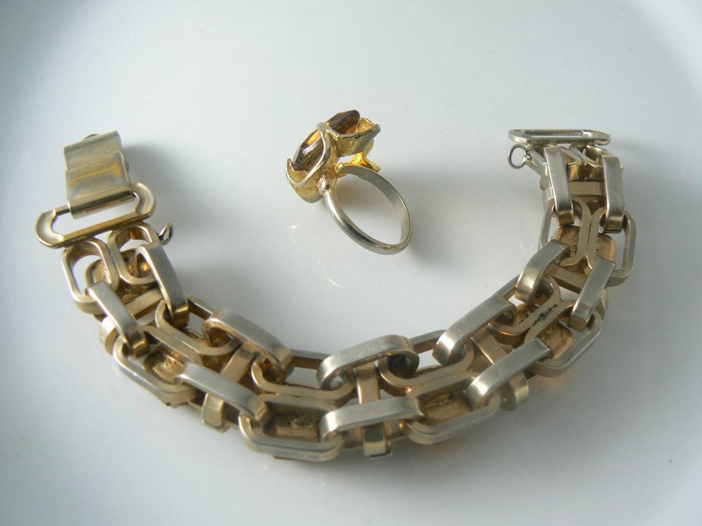 Amber Faceted Crystal Glass Gold Link Bracelet Ring Set - Vintage Lane Jewelry
