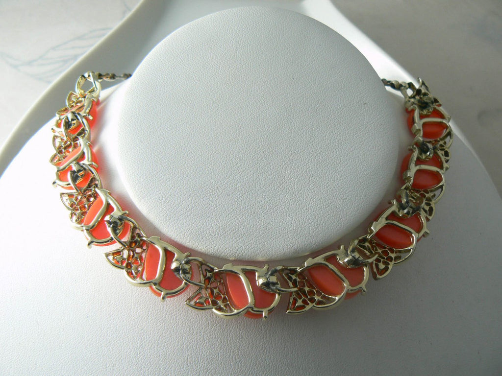 Vintage Orange/pink Thermoset Plastic Cabochon Necklace - Vintage Lane Jewelry