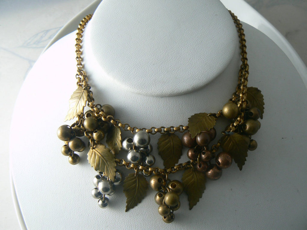 Grape Cluster Leaf Necklace In Brass, Silver, Copper Tones - Vintage Lane Jewelry