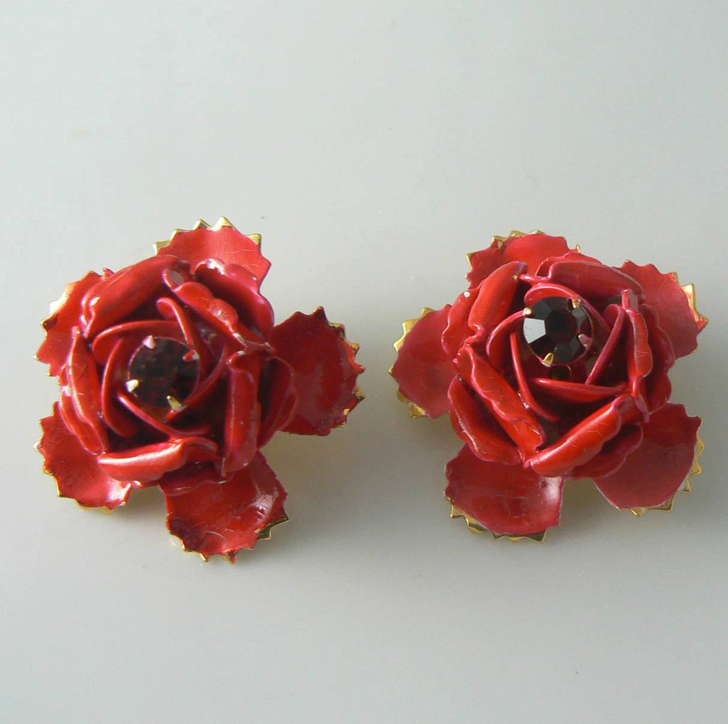 Red Rose Enamel Rhinestone Clip Earrings - Vintage Lane Jewelry