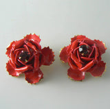 Red Rose Enamel Rhinestone Clip Earrings - Vintage Lane Jewelry