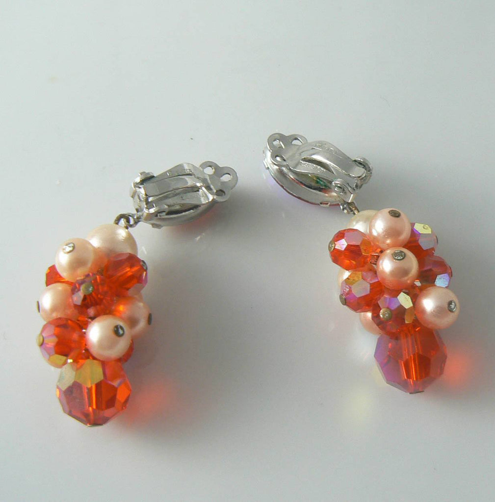 Lewis Segal Orange Faux Pearl And Rhinestone Dangle Earrings - Vintage Lane Jewelry