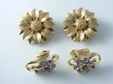 Gold Flower Sarah Coventry And Purple Rhinestone Earrings - Vintage Lane Jewelry