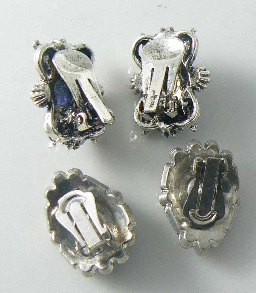 2 Pair Vintage Blue Rhinestone Clip Earrings - Vintage Lane Jewelry