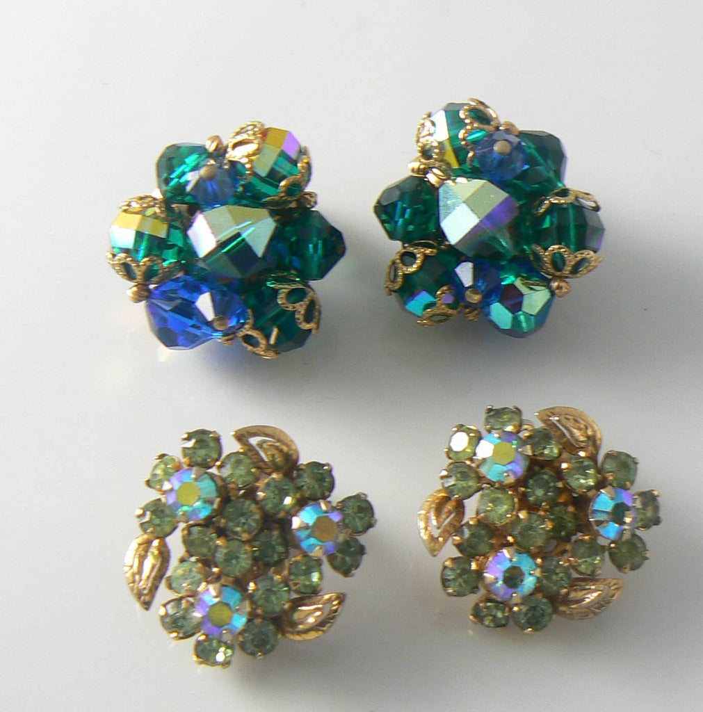 2 Pair Vintage Blue And Green Clip Earrings - Vintage Lane Jewelry