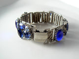 Amazing Blue Rhinestone Glass Cabochon Bracelet Earring Set - Vintage Lane Jewelry