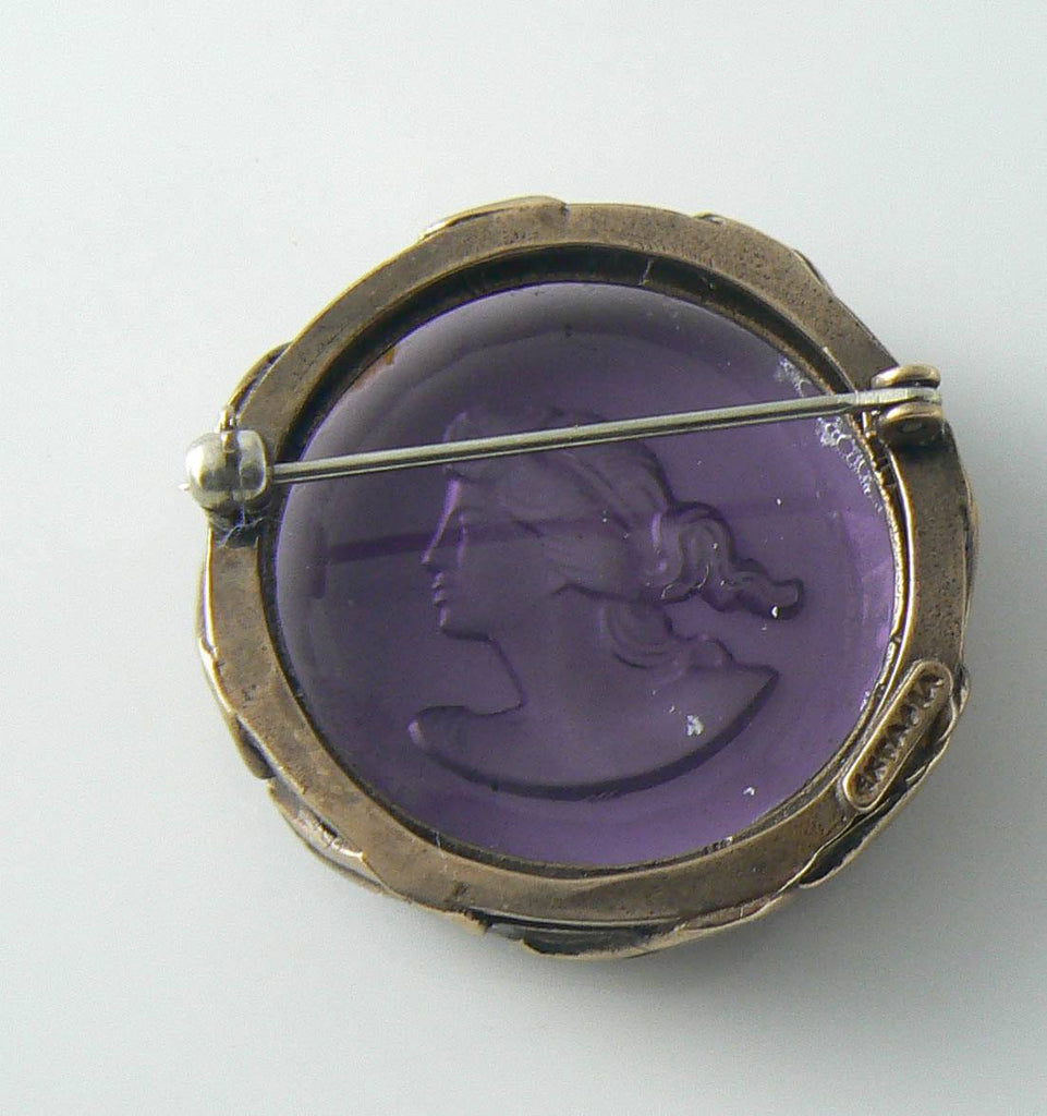 Extasia German Intaglio Amethyst Glass Cameo Brooch - Vintage Lane Jewelry