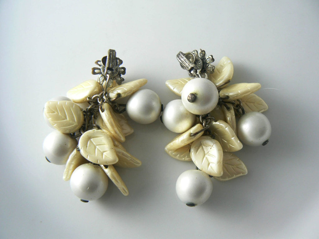 Miriam Haskell Dangling Faux Pearl Glass Leaves Clip Earrings - Vintage Lane Jewelry