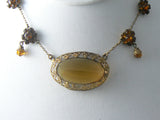 Vintage Art Deco Topaz Rhinestone Pendant And Glass Bead Necklace - Vintage Lane Jewelry