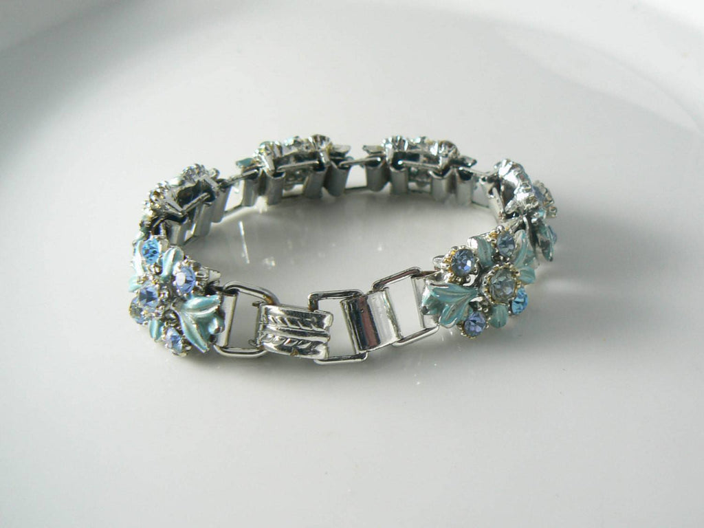 Vintage Bracelet Blue Enamel Rhinestone AB Flowers - Vintage Lane Jewelry