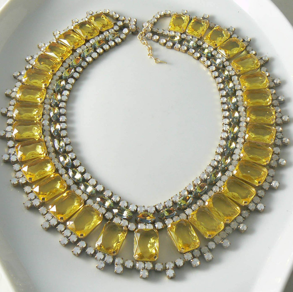 Husar D. Gold Yellow Czech Glass Bib Style Necklace - Vintage Lane Jewelry