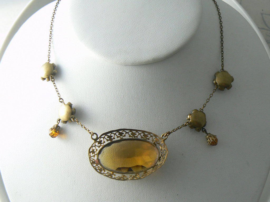 Vintage Art Deco Topaz Rhinestone Pendant And Glass Bead Necklace - Vintage Lane Jewelry