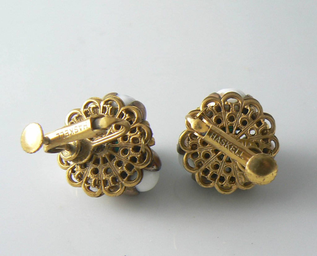 Miriam Haskell Gold Tone Filigree And Glass Earrings - Vintage Lane Jewelry