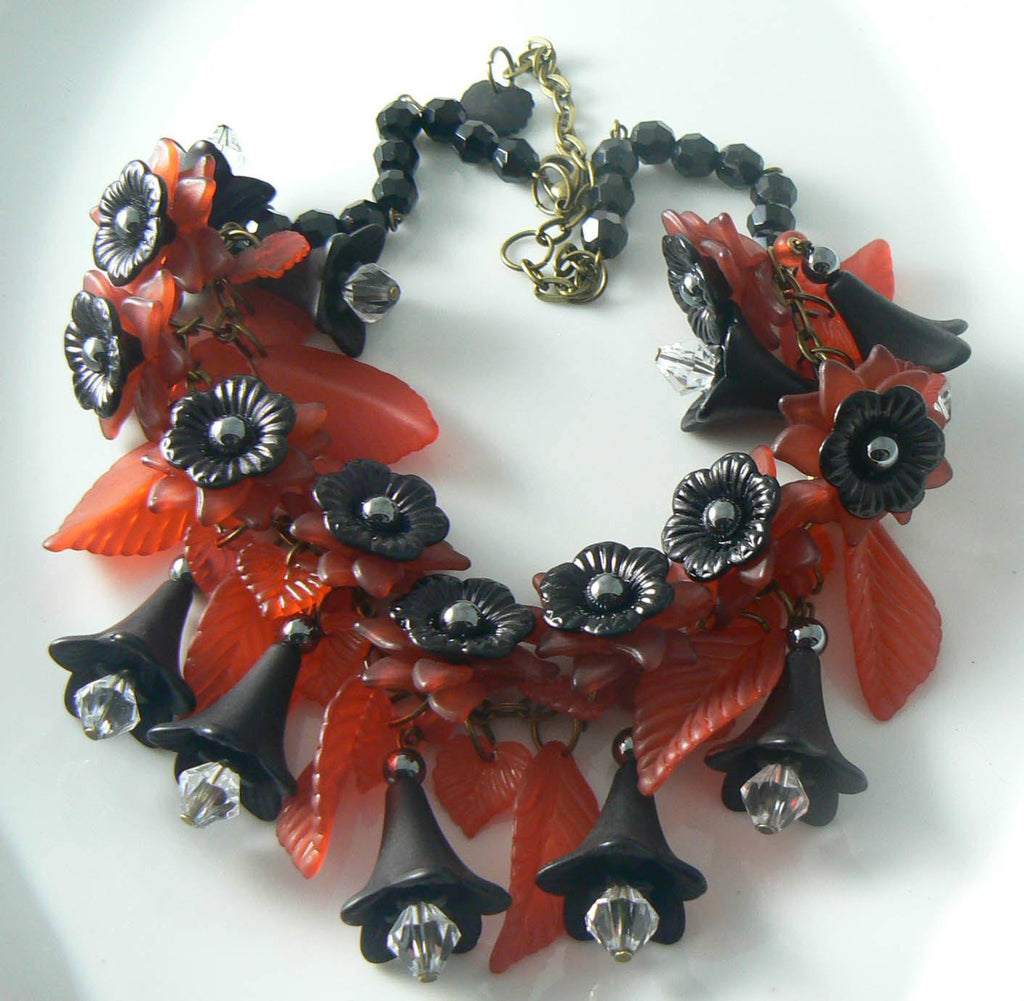 Vintage Red Lucite And Black Hematite Floral Statement Necklace - Vintage Lane Jewelry