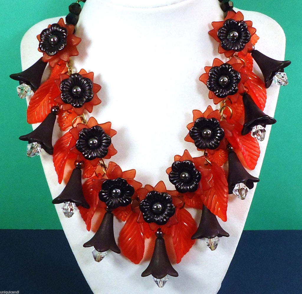 Vintage Red Lucite And Black Hematite Floral Statement Necklace - Vintage Lane Jewelry