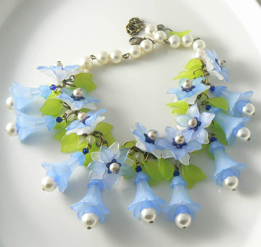 Plastic Bluebell And Faux Pearl Necklace - Vintage Lane Jewelry