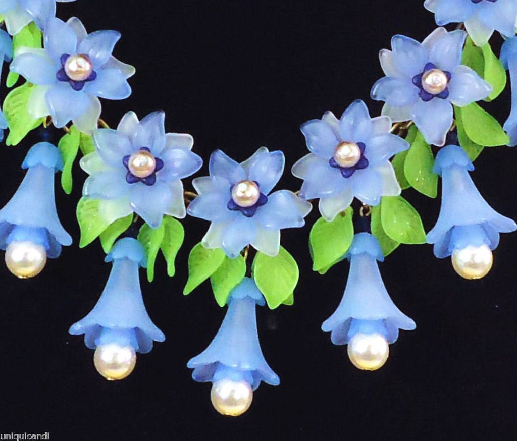 Plastic Bluebell And Faux Pearl Necklace - Vintage Lane Jewelry