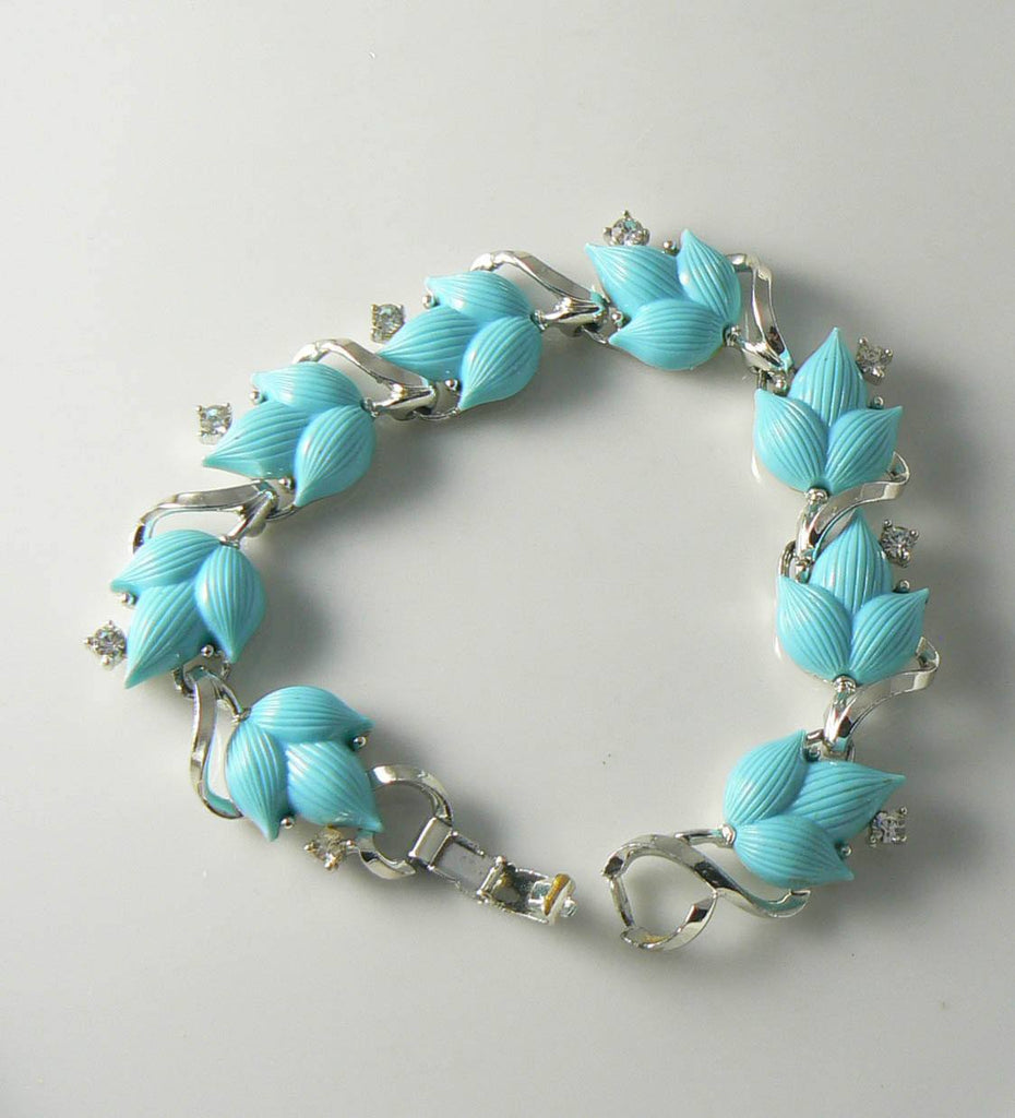 LISNER Blue Leaves Sparkling Ice Rhinestone Necklace Bracelet Earring Set - Vintage Lane Jewelry