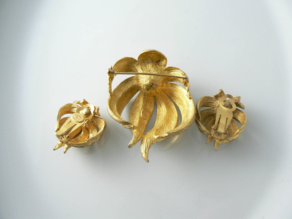 Hattie Carnegie Brushed Gold Rhinestone Cone-flower Demi Parure - Vintage Lane Jewelry