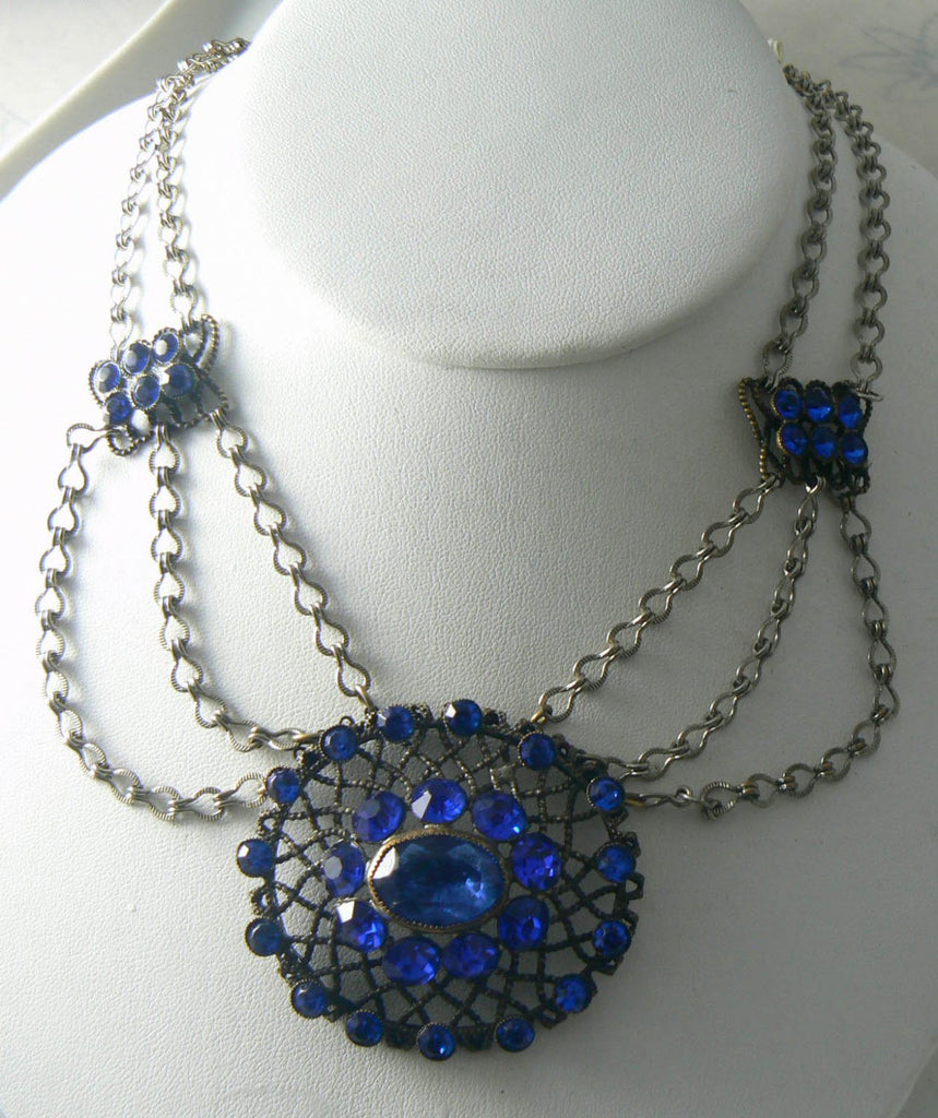 Victorian Revival Blue Rhinestone Festoon Necklace - Vintage Lane Jewelry