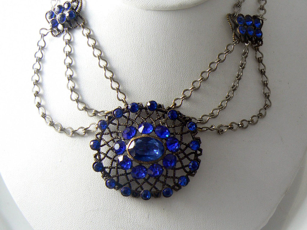 Victorian Revival Blue Rhinestone Festoon Necklace - Vintage Lane Jewelry