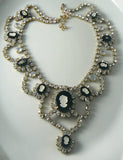 Vintage Czech Black Glass Cameo And Rhinestone Necklace - Vintage Lane Jewelry
