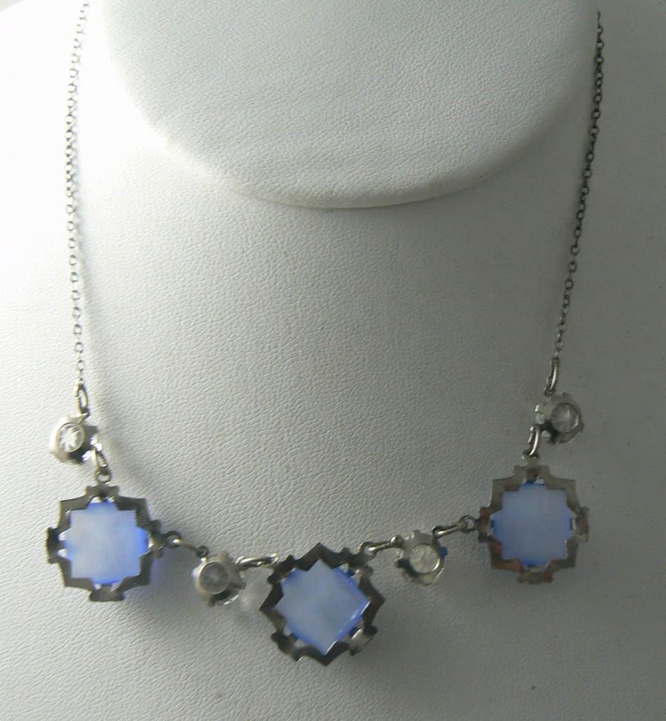 Art Deco Necklace Blue Star Satin Glass And Open Set Crystals - Vintage Lane Jewelry
