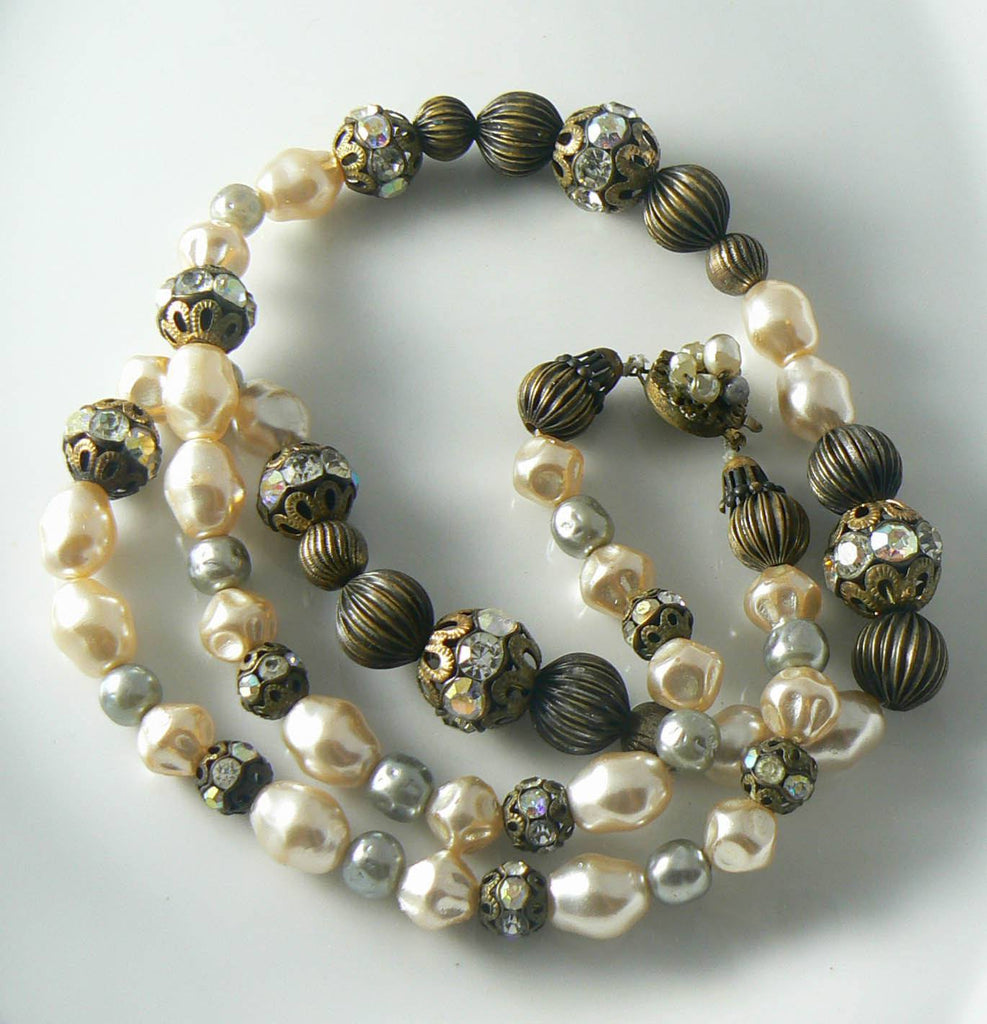 Miriam Haskell Baroque Pearl Filigree Brass Rhinestone Bead Necklace - Vintage Lane Jewelry