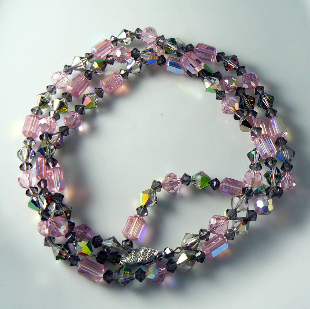 Vintage Sparking Pink And Gray Ab Crystal Necklace - Vintage Lane Jewelry