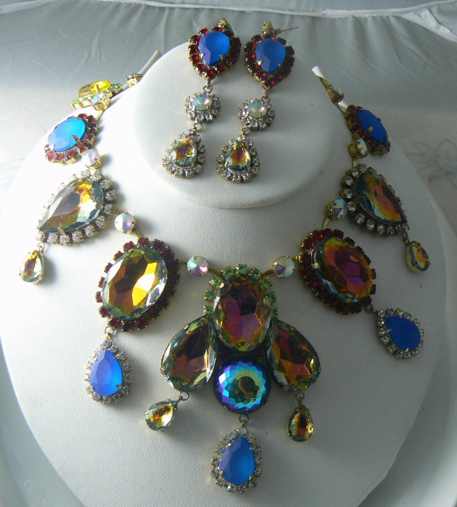 Unusual Czech Glass Neon Ab Necklace Earring Set - Vintage Lane Jewelry