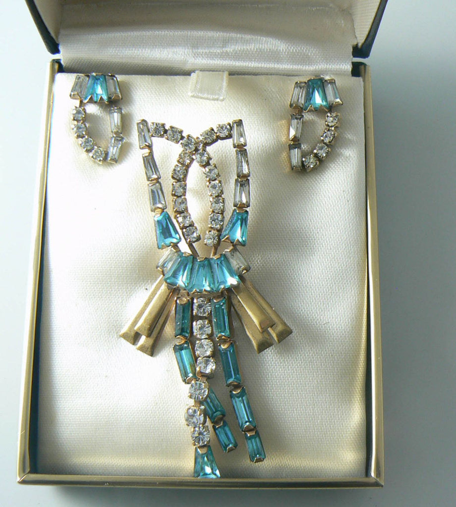 Vintage Blue Rhinestone Necklace Earring Set Gf Signed Phyllis - Vintage Lane Jewelry