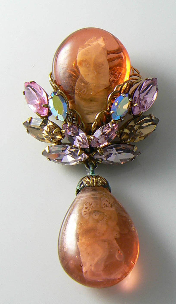 Stunning Vintage Regency Peach Glass Brooch - Vintage Lane Jewelry
