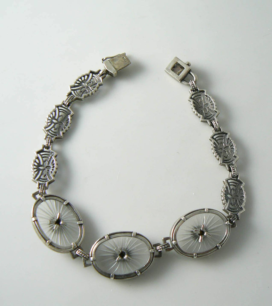 Vintage Camphor Glass Filigree Sterling Bracelet - Vintage Lane Jewelry