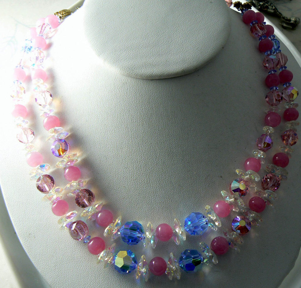 Vintage Vendome 2 Strand Pink, Blue Crystal Necklace - Vintage Lane Jewelry