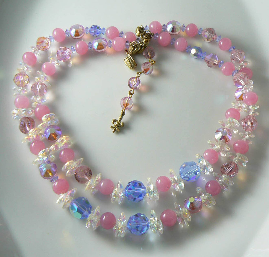 Vintage Vendome 2 Strand Pink, Blue Crystal Necklace - Vintage Lane Jewelry