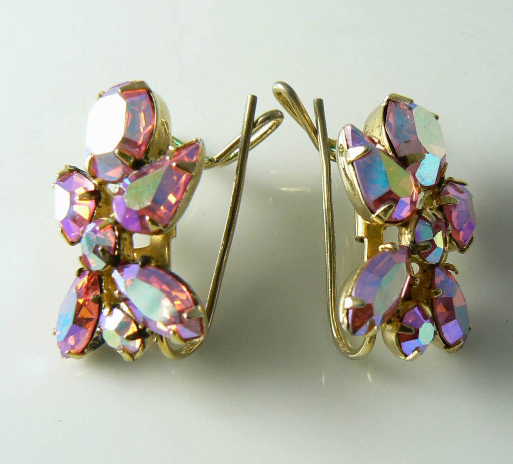 Vintage Judith McCain Pink Borealis Rhinestone Wing Back Earrings - Vintage Lane Jewelry