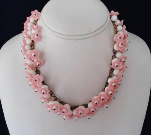 Vintage Pink And White Art Glass Molded Flowers Necklace - Vintage Lane ...