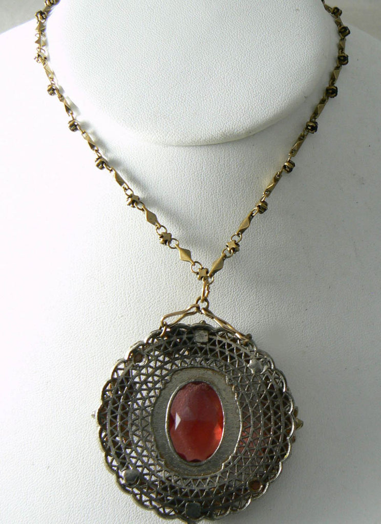 Vintage Victorian Revival Pendant On A 27" Chain With Garnet Crystals - Vintage Lane Jewelry