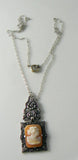 Vintage Art Deco Shell Cameo Marcasite Pendant Necklace - Vintage Lane Jewelry